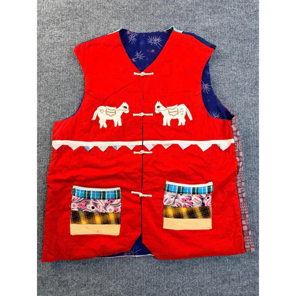 Vintage Handmade Patchwork Quilted Vest Red Embroidered Elephant Floral Boho L